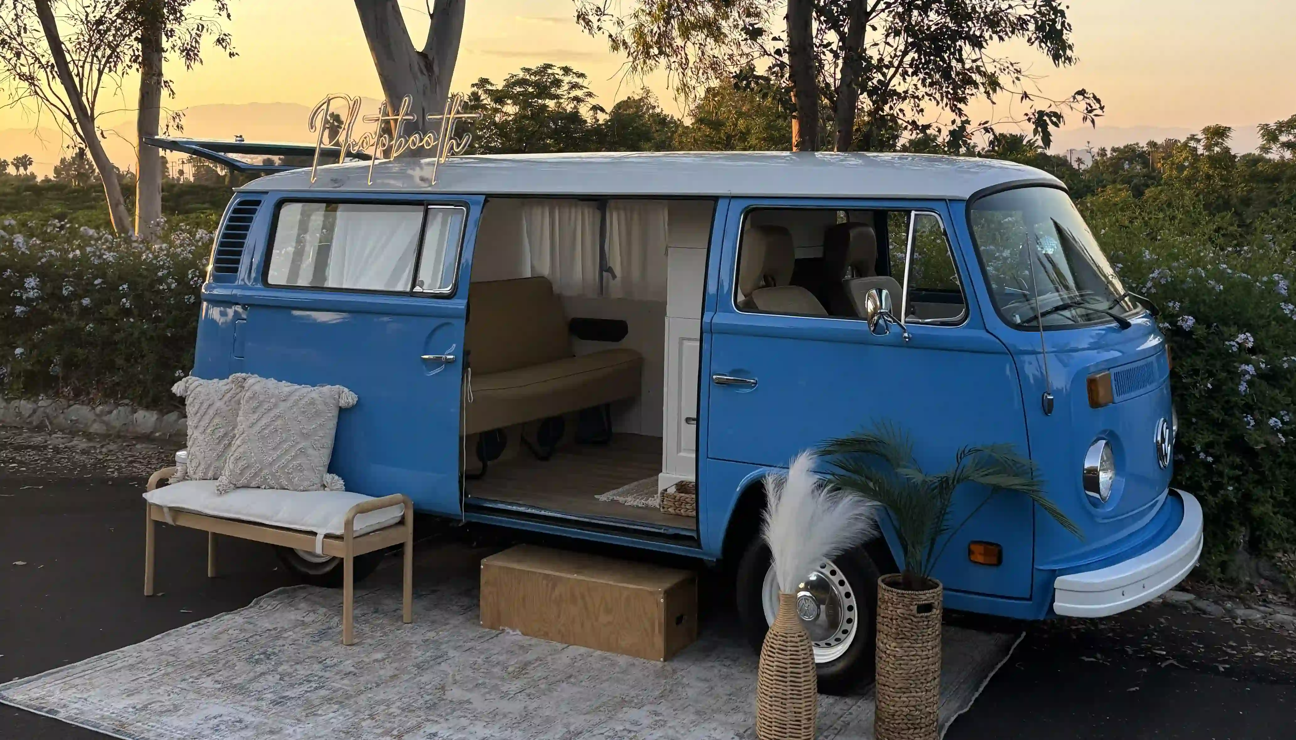 VW bus photo booth set up at Citrius State Park in Riverside, CA